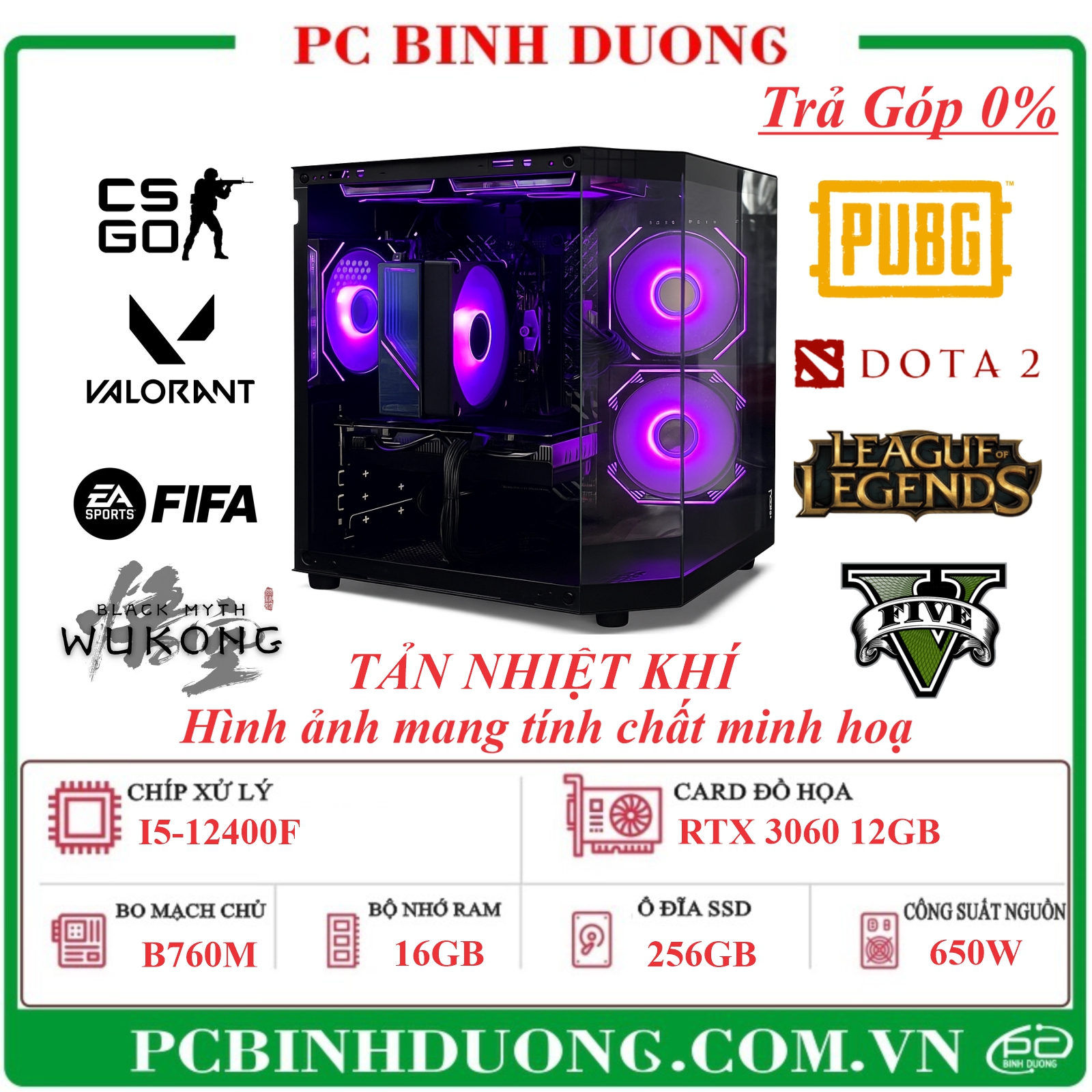 PC Gaming Kurumi Emilia B760M/I5-12400F/16GB/256GB/RTX3060-12GB/650W TẢN NHIỆT KHÍ